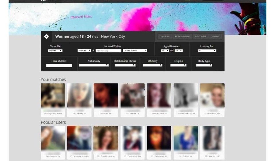 Functies voor het zoeken naar partners van Tastebuds