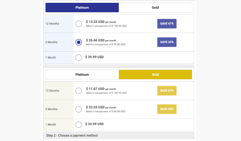 Mitgliedschaftspreis und andere Zahlungsmethode
