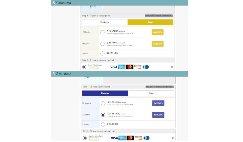 Pläne und Zahlungsverfahren für die Muslima-Mitgliedschaft