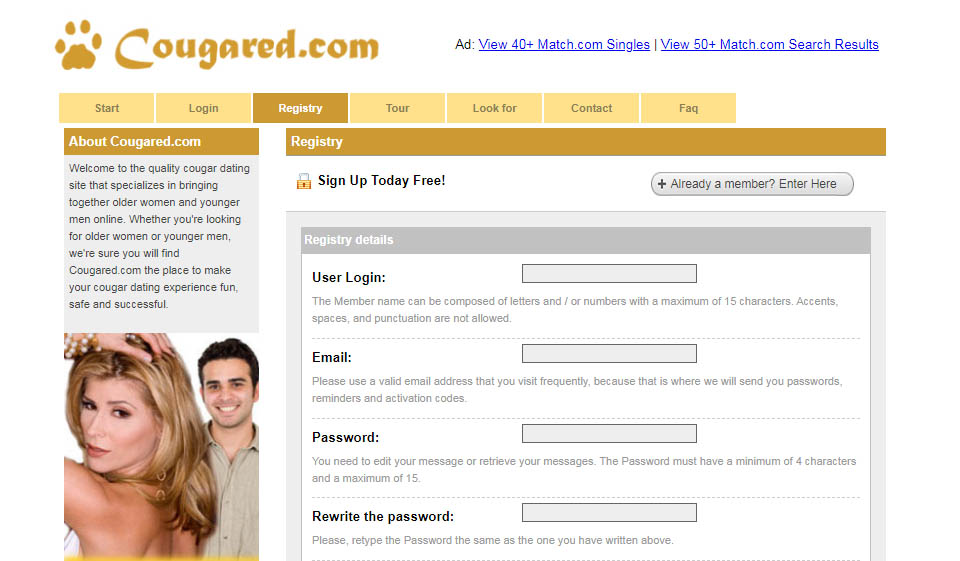 Inscription sur le site Cougared