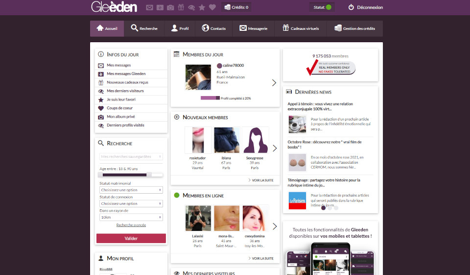 Interface de Gleeden